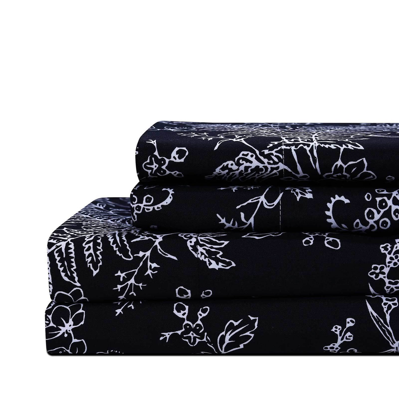 Winter Brush Print Ultra Soft and Supreme Quality Sheet Set in Black with White Flowers#color_winter-brush-black-with-white-flowers