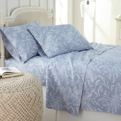 Winter Brush Print Ultra Soft and Supreme Quality Sheet Set in Blue with White Flowers#color_winter-brush-blue-with-white-flowers