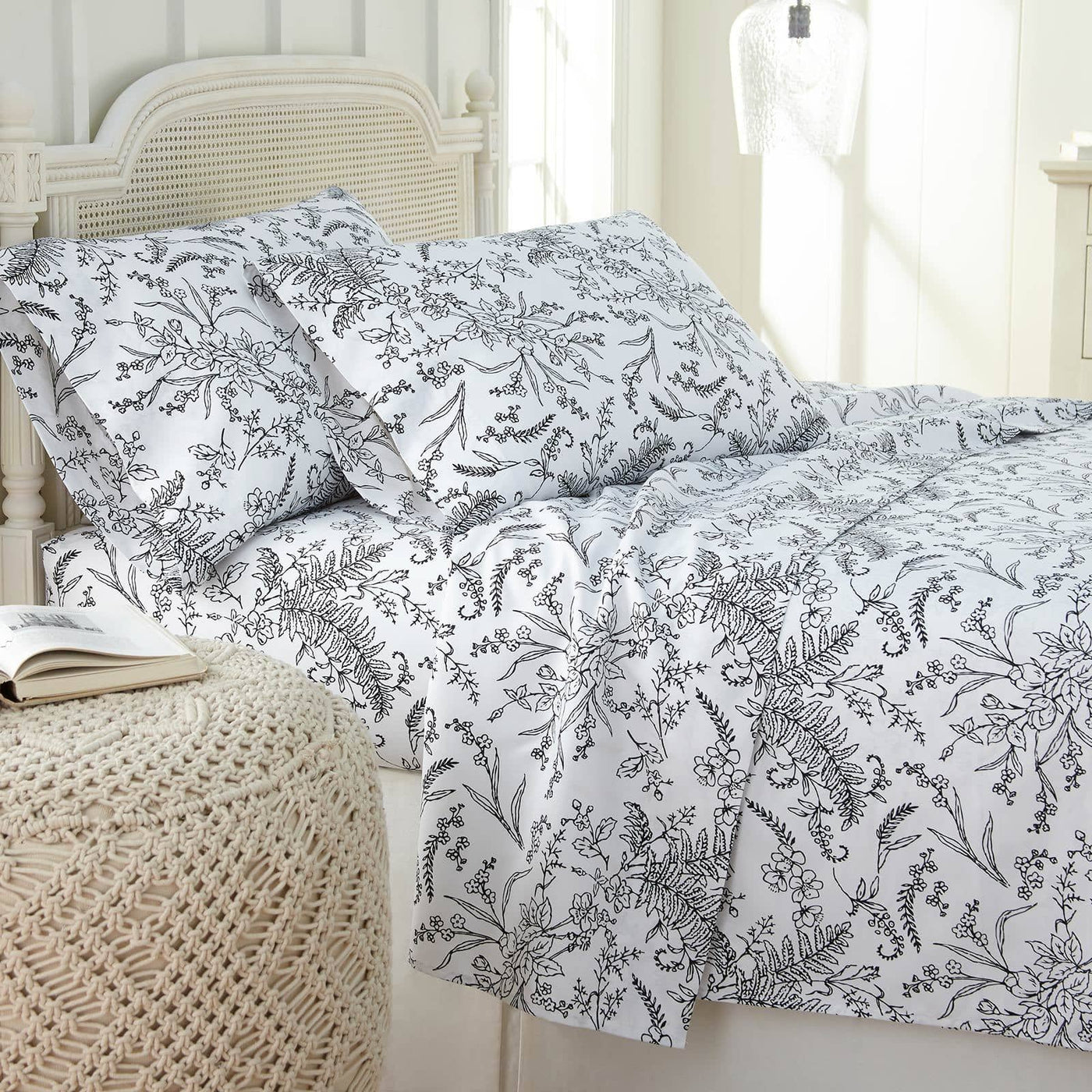 Winter Brush Print Ultra Soft and Supreme Quality Sheet Set in White with Black Flowers#color_winter-brush-white-with-black-flowers