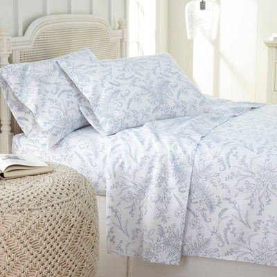 Winter Brush Print Ultra Soft and Supreme Quality Sheet Set in White with Blue Flowers#color_winter-brush-white-with-blue-flowers
