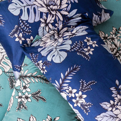 Close Up View of Flora Pillow Case in Blue and Green#color_flora-blue