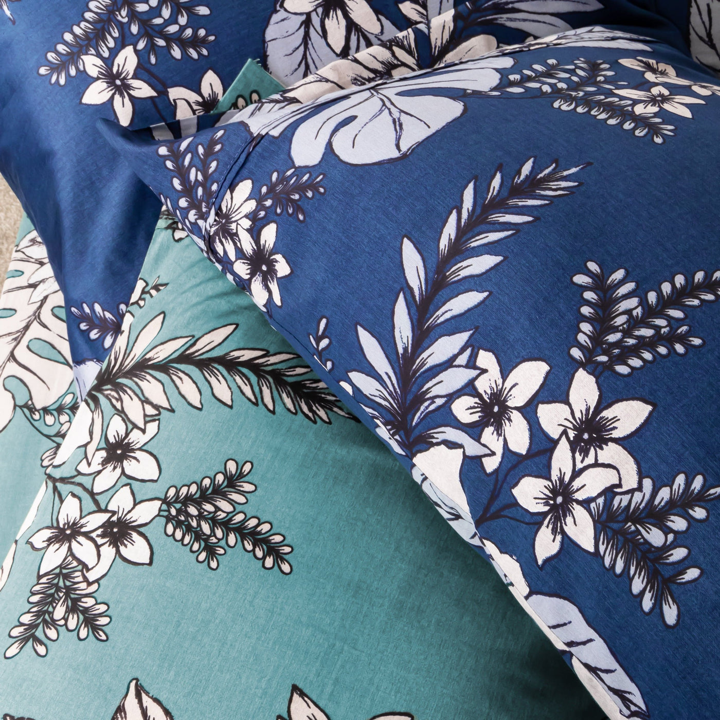 Close Up View of Flora Pillow Case in Green and Blue Together#color_all