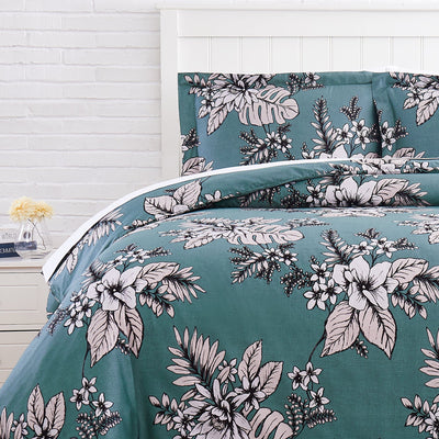 Half Front View of Flora Duvet Cover Set in Green#color_flora-green