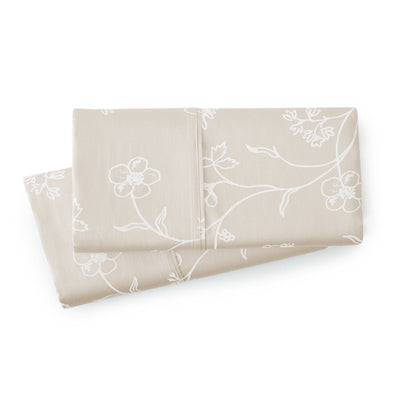 Details and Print Pattern of Sweetbrier Extra Deep Pocket Printed Sheet Set in Soft Sand with White Flowers#color_sweetbrier-soft-sand-with-white-flowers