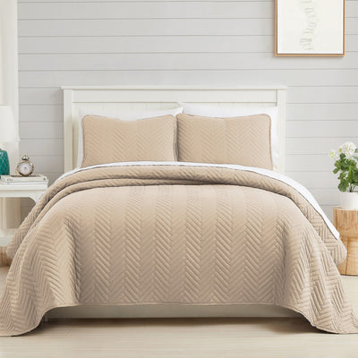 Front View of Chevron Oversized Quilt Set in Sandy Taupe#color_chevron-sandy-taupe