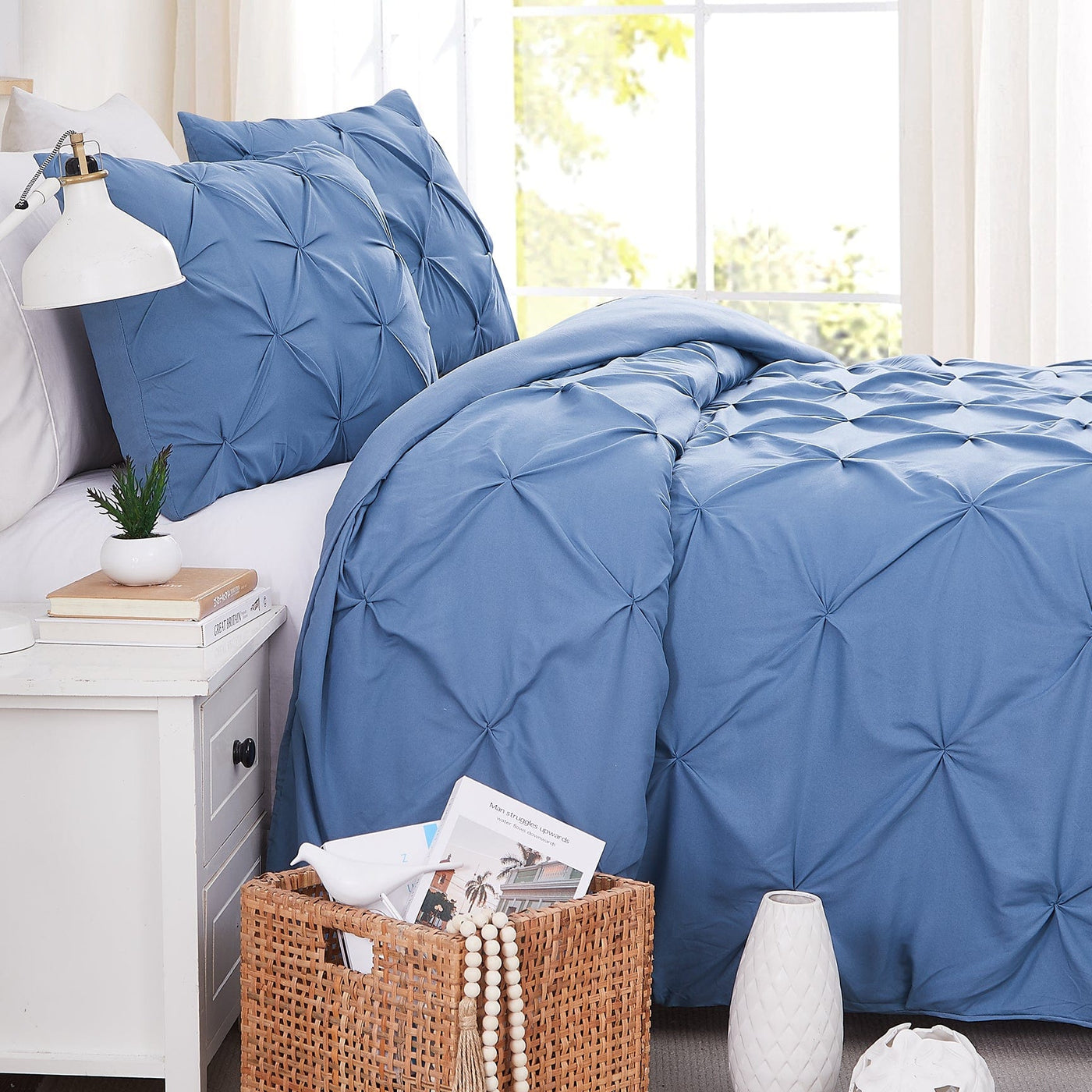 Side View of Pintuck Pinch Pleated Duvet Cover Set in Coronet Blue#color_vilano-coronet-blue