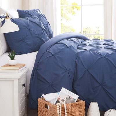 Side View of Pintuck Pinch Pleated Duvet Cover Set in Dark Blue#color_vilano-dark-blue