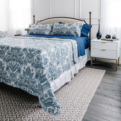 Angled View of Enchantment Quilt Set in Blue#color_enchantment-blue