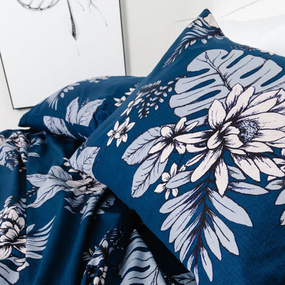 Close Up View of Flora Pillow Case in Blue#color_flora-blue