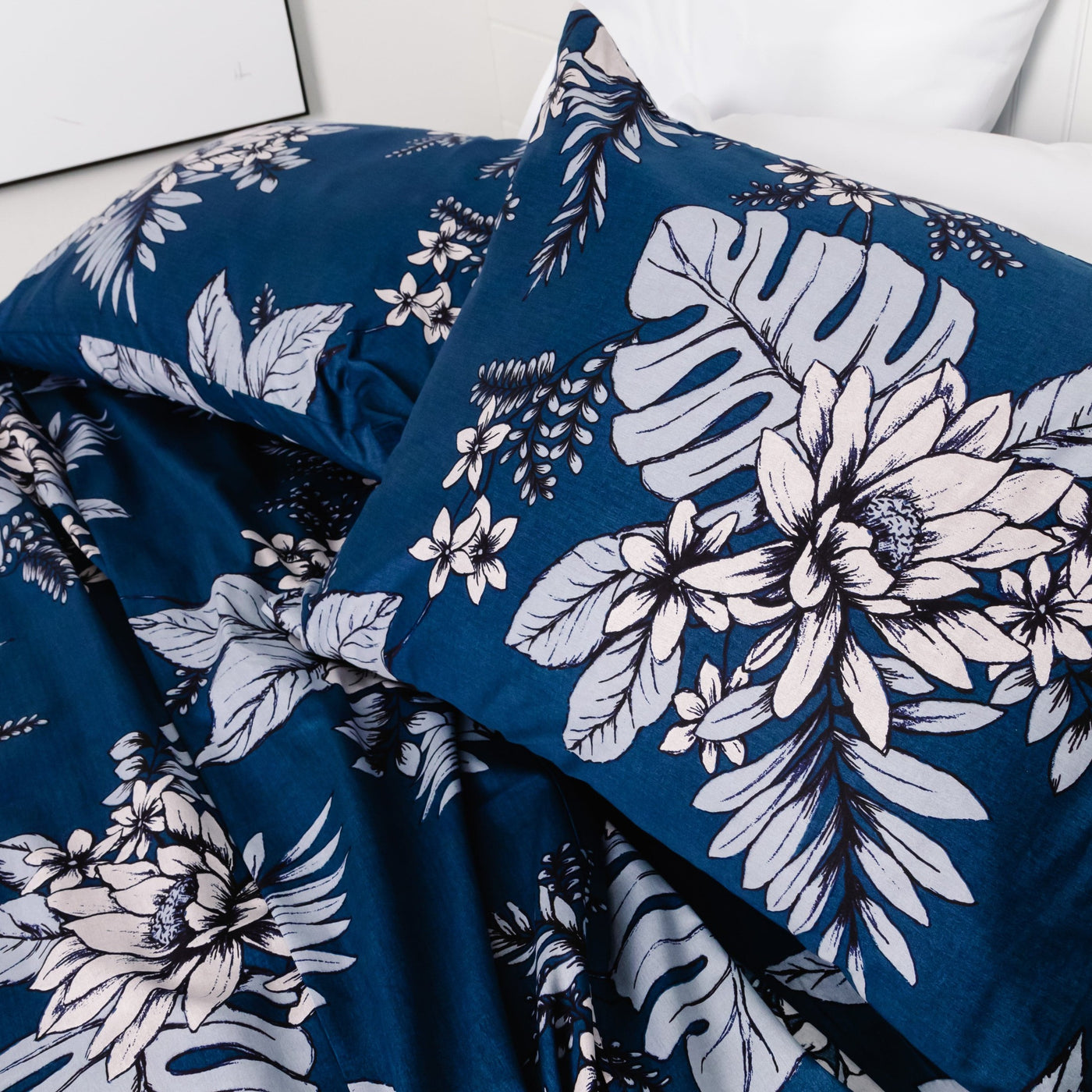 Close Up View of Flora Pillow Case in Blue#color_flora-blue
