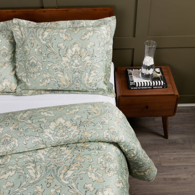 Side View of French Garden Duvet Cover Set in Green#color_french-garden-green