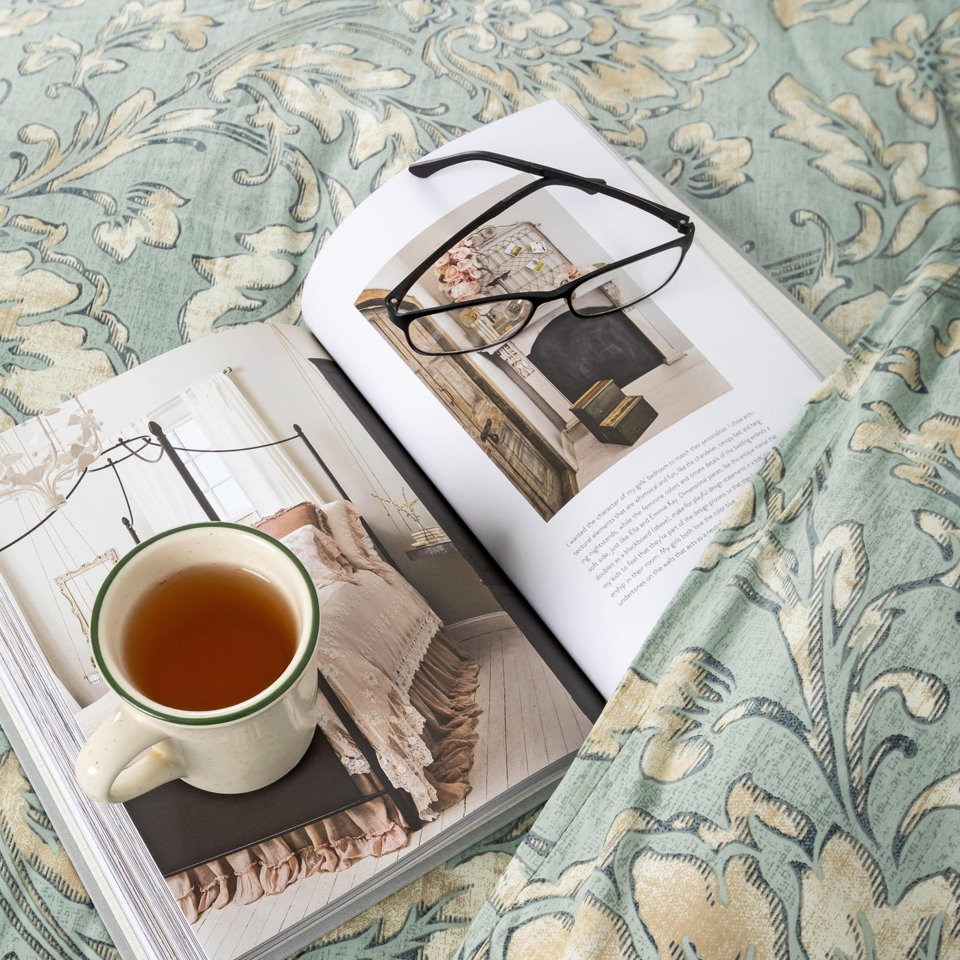 Book and Cup of Tea on a French Garden Duvet Cover Set in Green#color_french-garden-green
