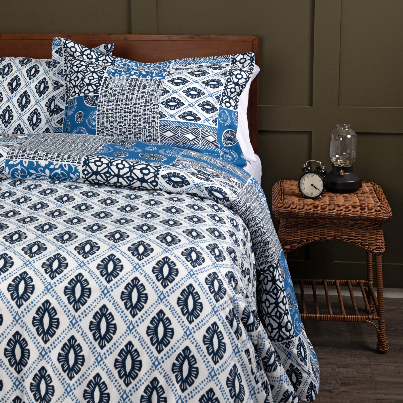 Side View of Global Patchwork Comforter Set in Blue#color_patchwork-blue