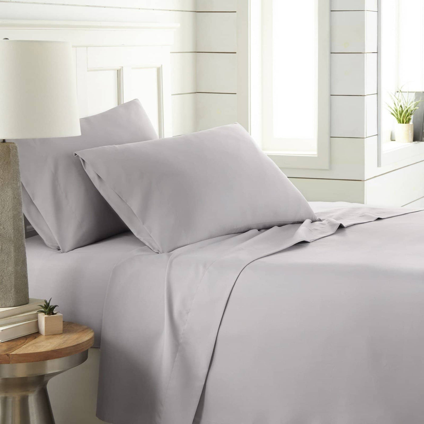 Angled View of Southshore Essentials 4-Piece Sheet Set in Light Grey#color_light-grey