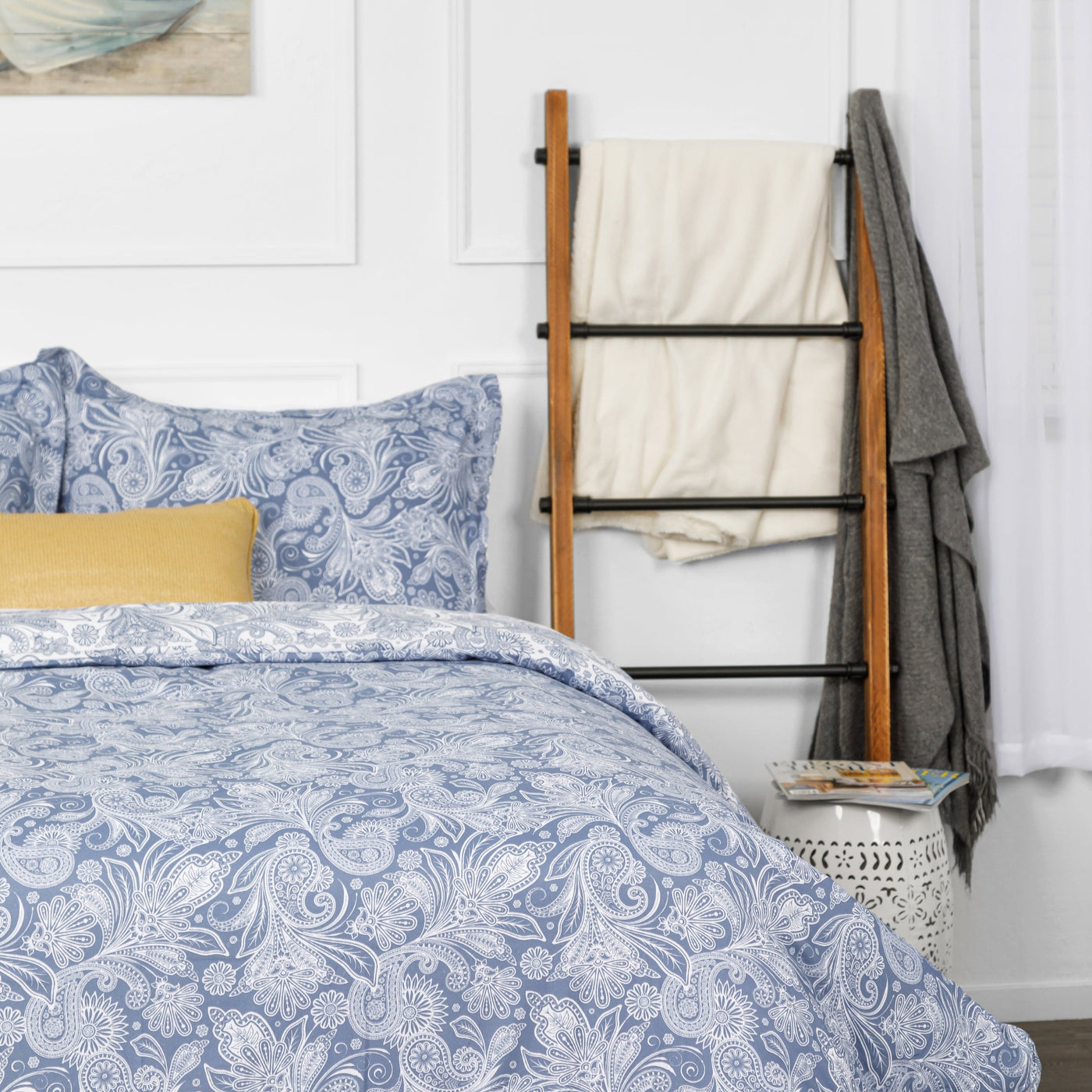 Half Front View of Perfect Paisley Reversible Duvet Cover Set in Blue#color_perfect-paisley-blue