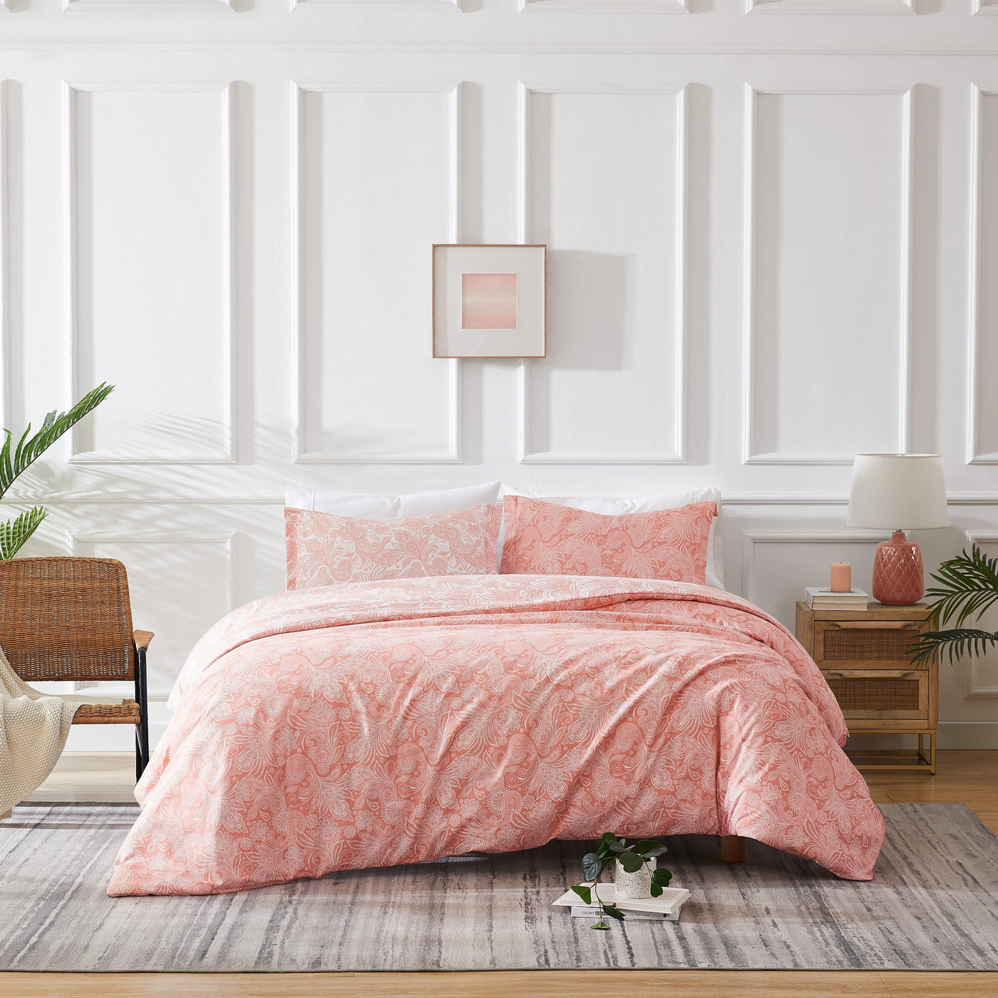 Front View of Perfect Paisley Reversible Duvet Cover Set in Coral#color_perfect-paisley-coral-haze