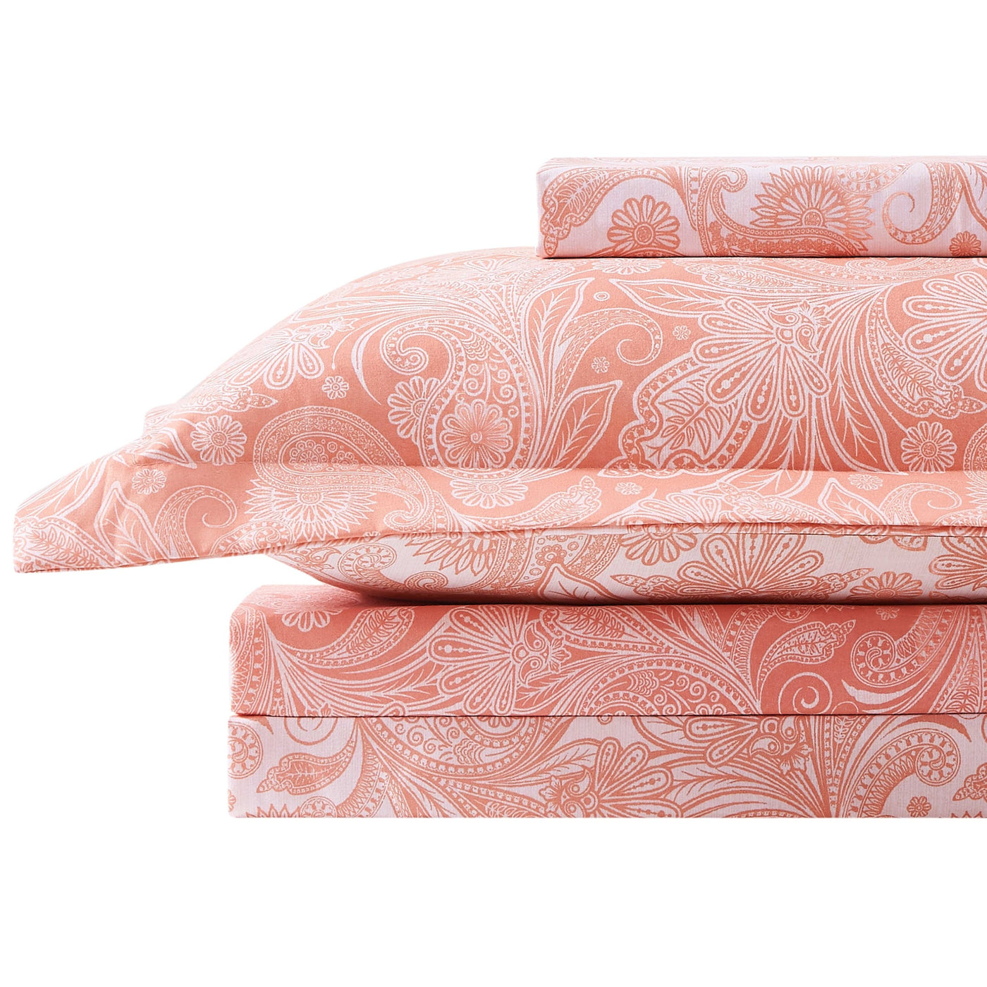 Perfect Paisley Reversible Duvet Cover Set in Coral Stack Together#color_perfect-paisley-coral-haze