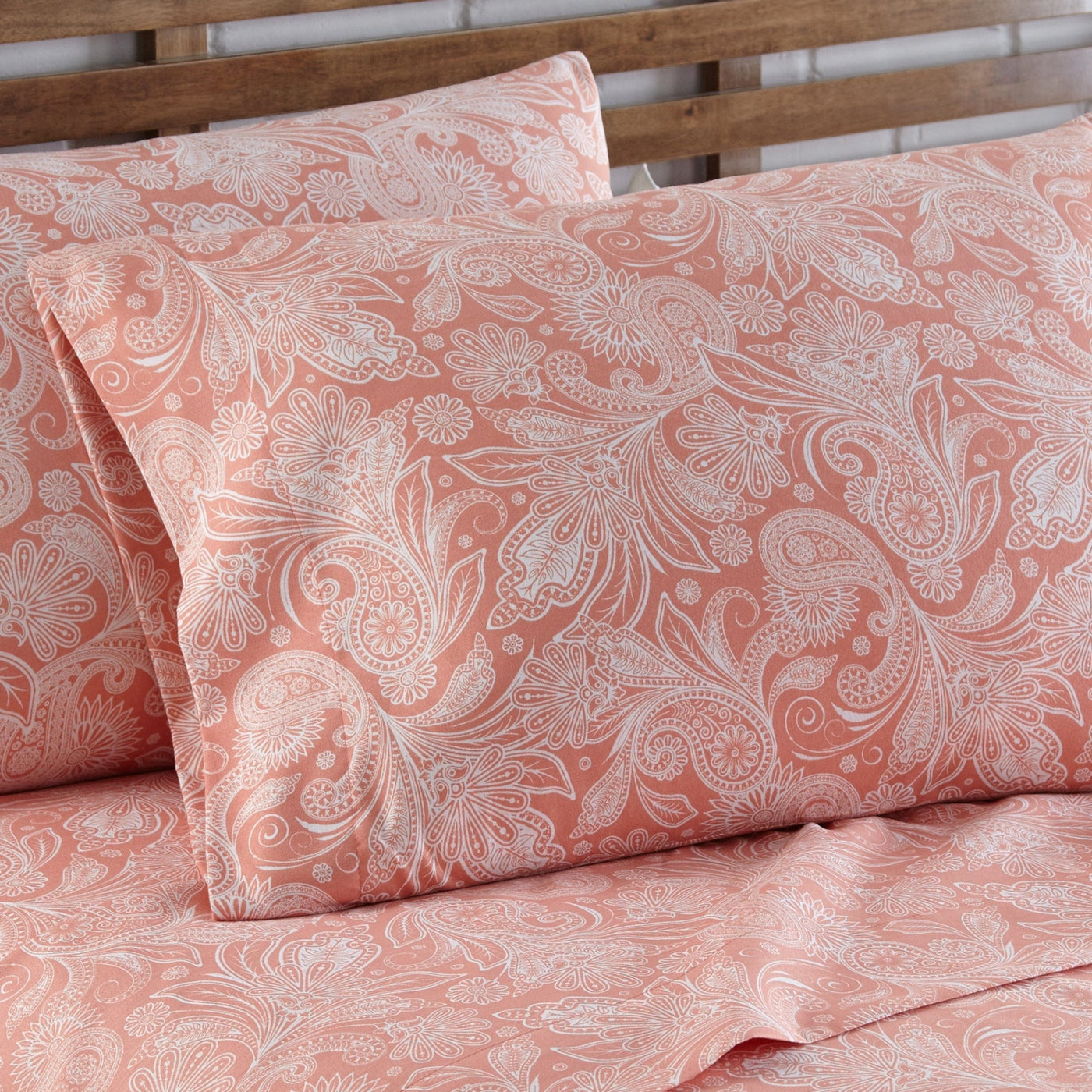 Close Up View of Perfect Paisley in Coral Pillows Shams#color_perfect-paisley-coral-haze-with-white