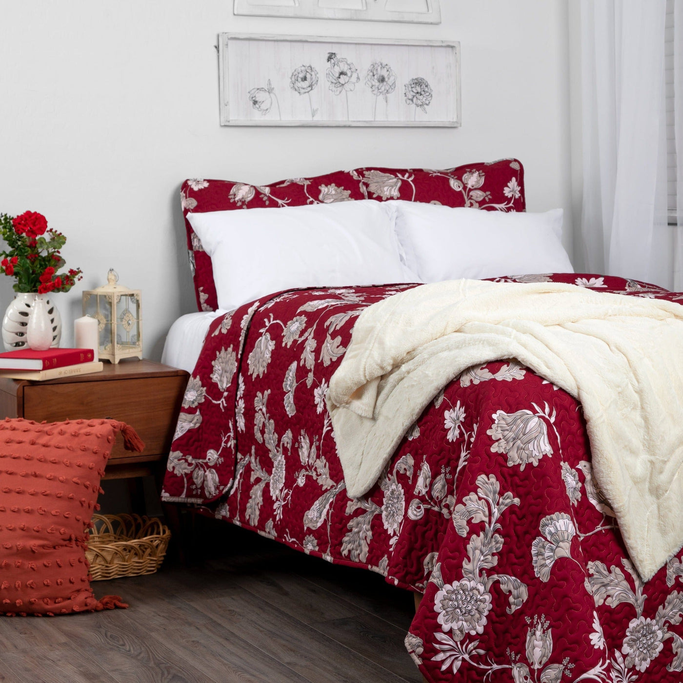 Angled View of Early Spring Reversible Quilt Set in Red#color_early-spring-red