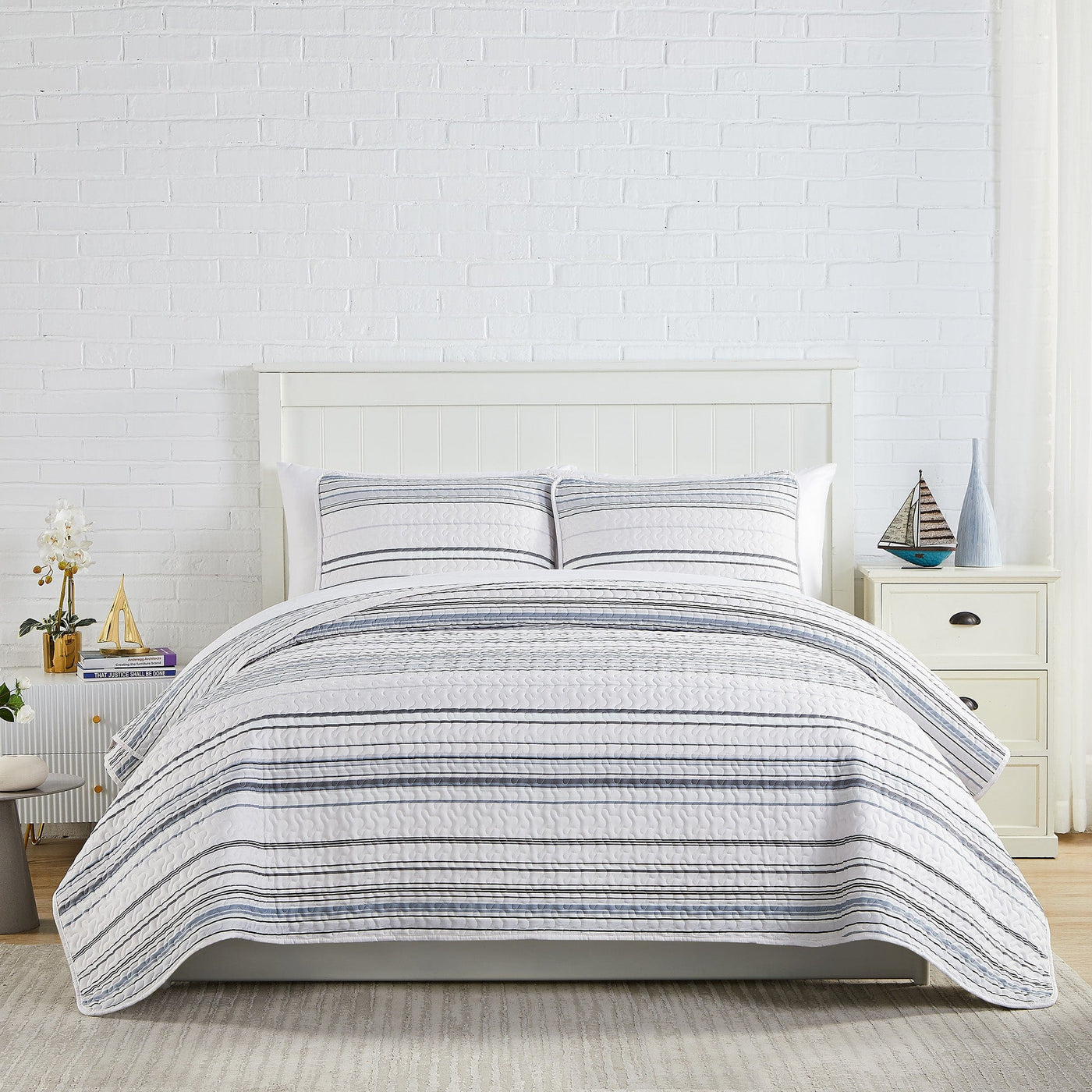 Front View of Coastal Stripes Quilted Sham Covers in Grey#color_coastal-stripe-grey