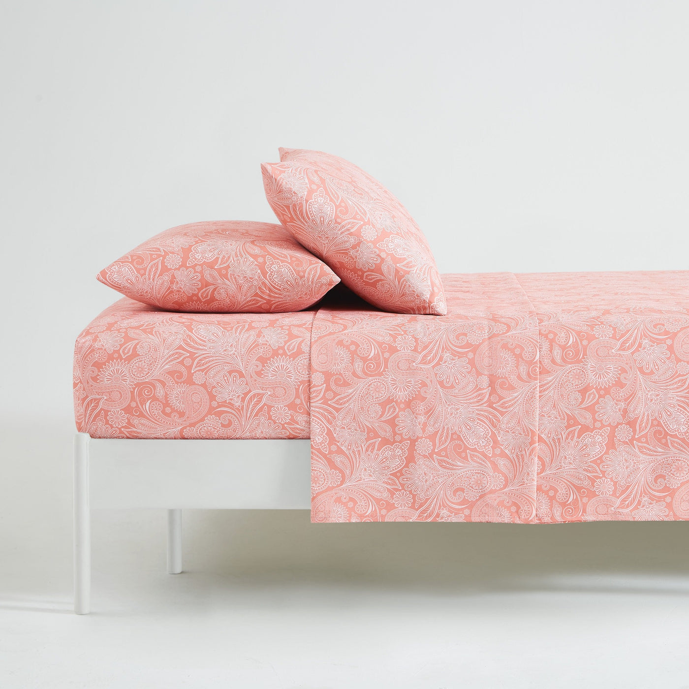 Side View of Perfect Paisley Sheet Set in Coral#color_perfect-paisley-coral-haze-with-white