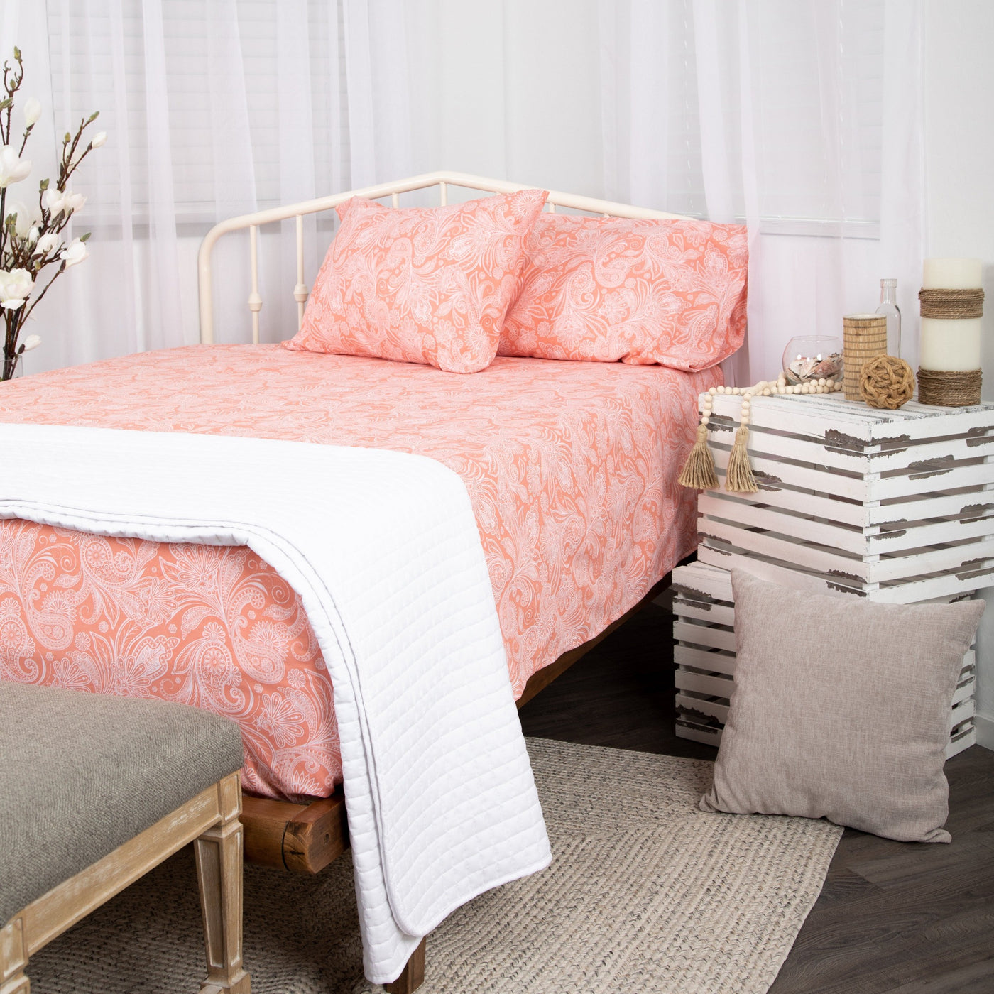 Side View of Perfect Paisley Pillow Cases in Coral#color_perfect-paisley-coral-haze-with-white