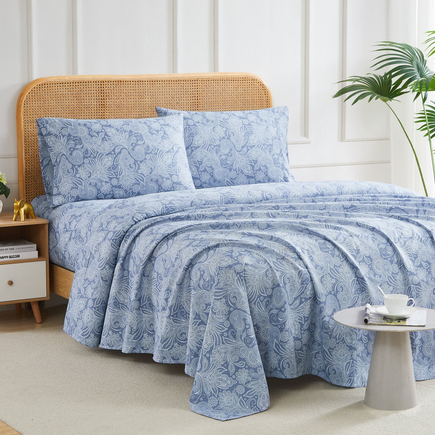 Angled View of Perfect Paisley Sheet Set in Blue#color_perfect-paisley-blue-with-white
