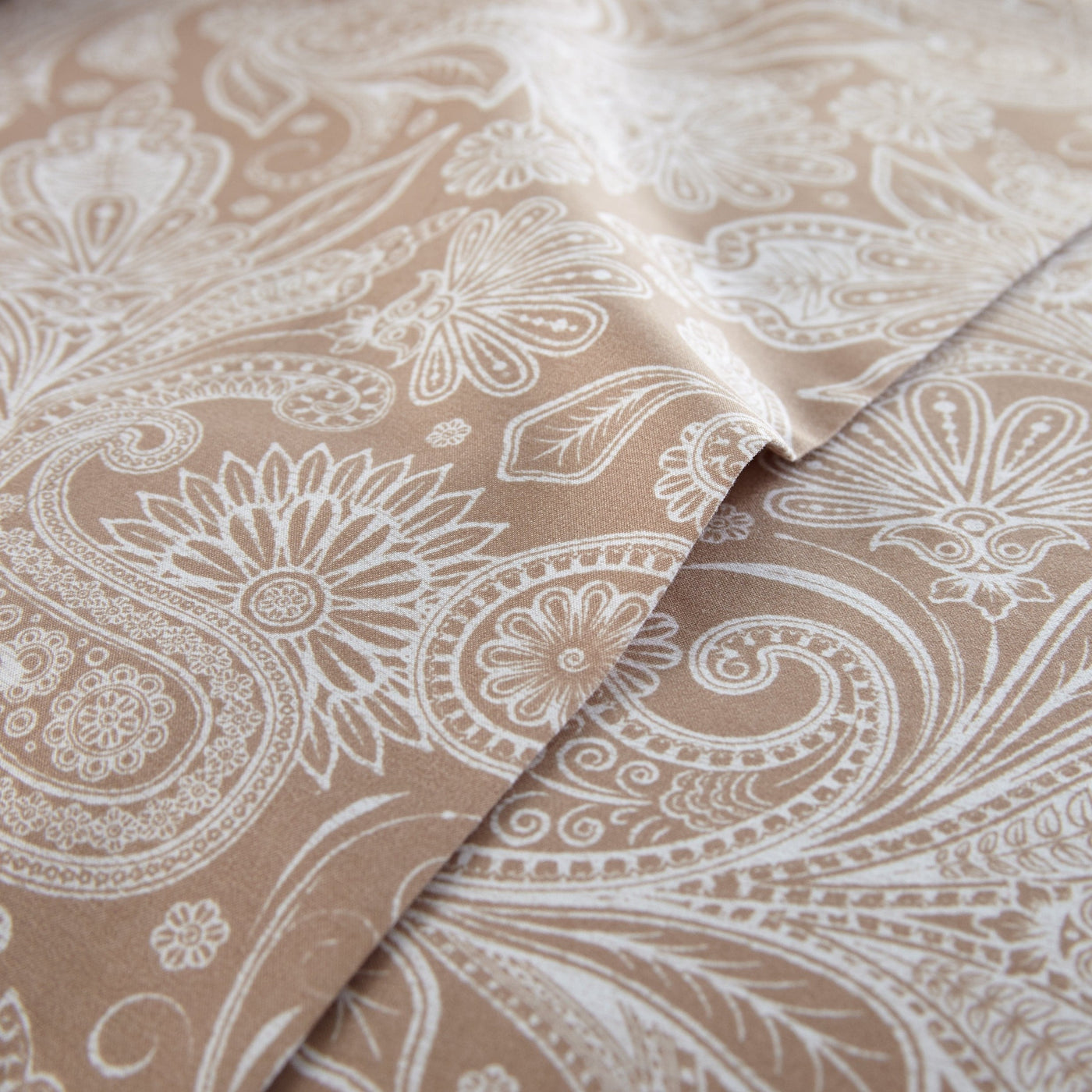 Details and Prints of Perfect Paisley Sheet Set in Taupe#color_perfect-paisley-taupe-with-white