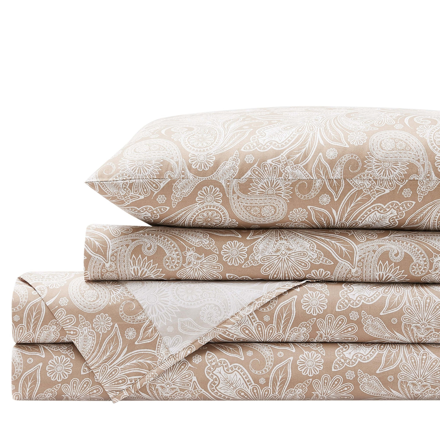 Perfect Paisley Sheet Set in Taupe Stack Together#color_perfect-paisley-taupe-with-white