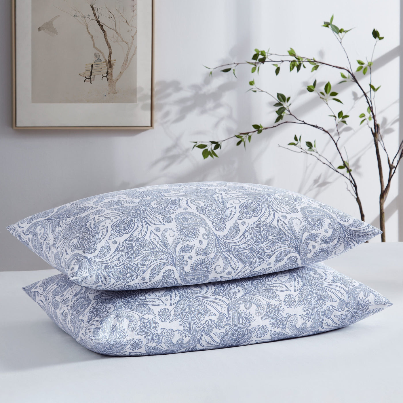 Close Up Image of Perfect Paisley Sheet Set in Blue Pillow Shams#color_perfect-paisley-white-with-blue