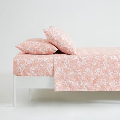 Side View of Perfect Paisley Sheet Set in Coral#color_perfect-paisley-white-with-coral-haze
