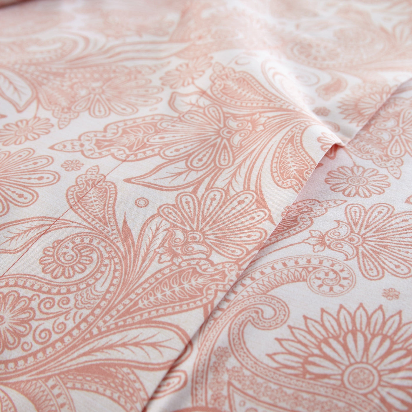 Details and Prints of Perfect Paisley Sheet Set in Blue#color_perfect-paisley-white-with-coral-haze