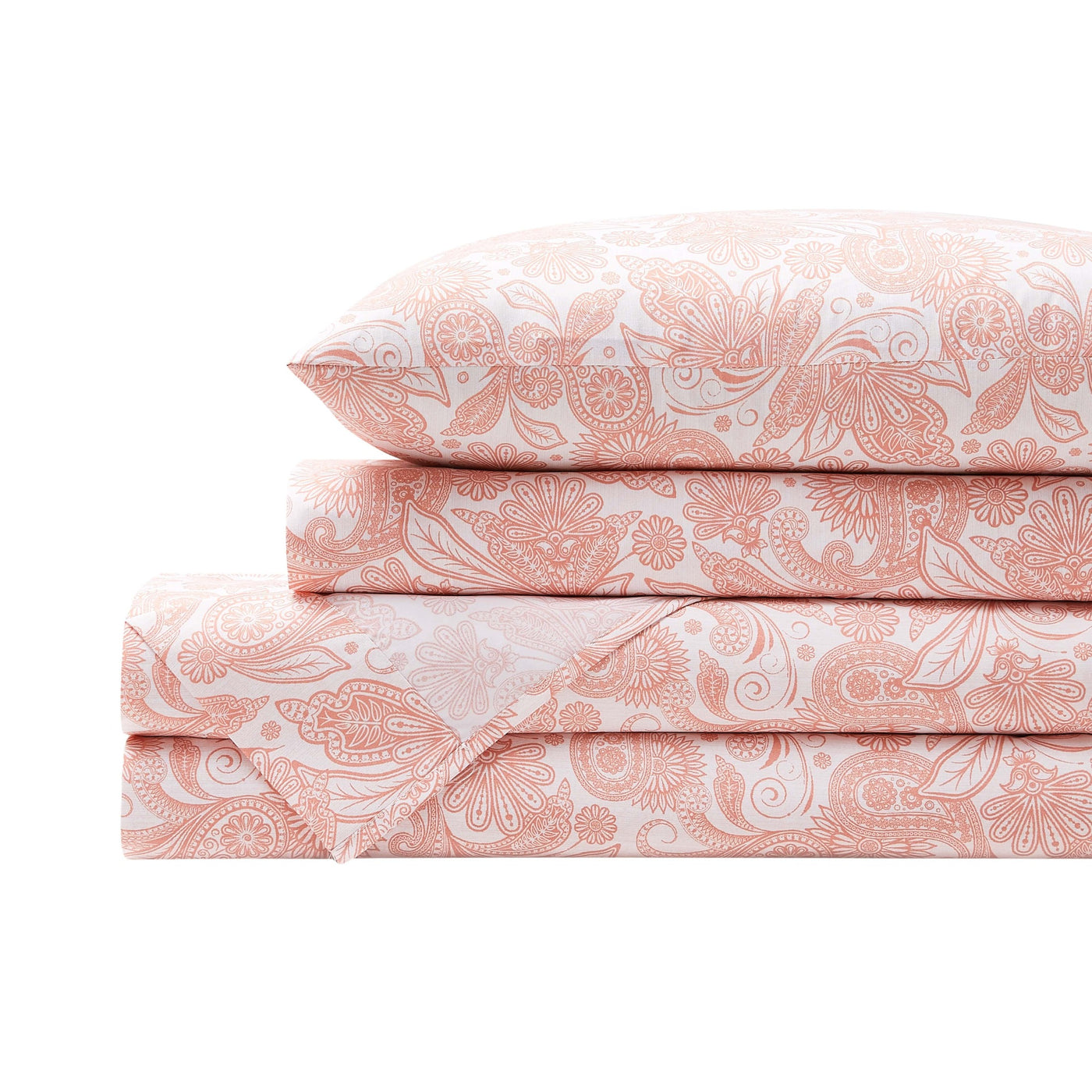 Perfect Paisley Sheet Set in Coral Stack Together#color_perfect-paisley-white-with-coral-haze
