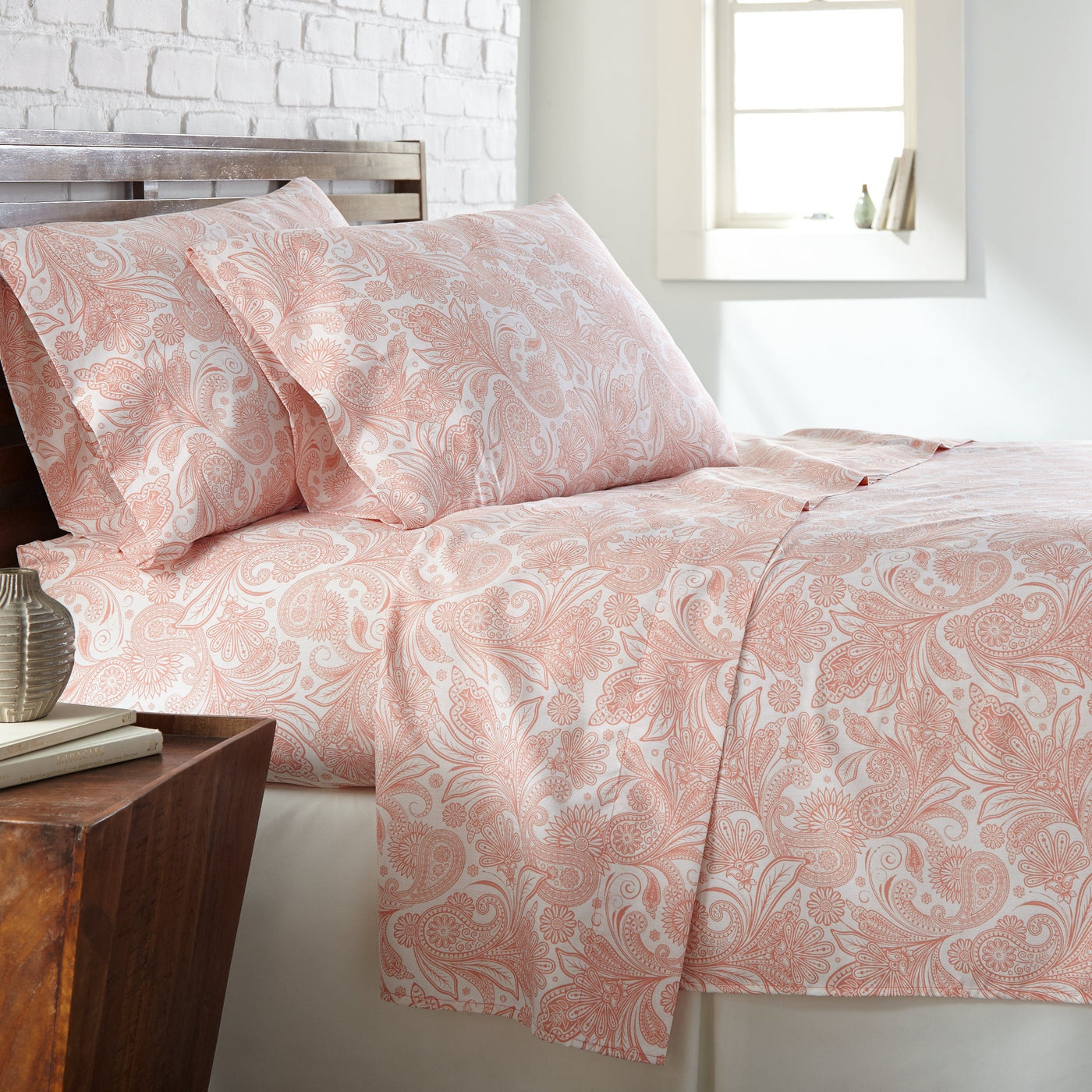 Side View of Perfect Paisley Pillow Cases in White and Coral#color_perfect-paisley-white-with-coral-haze
