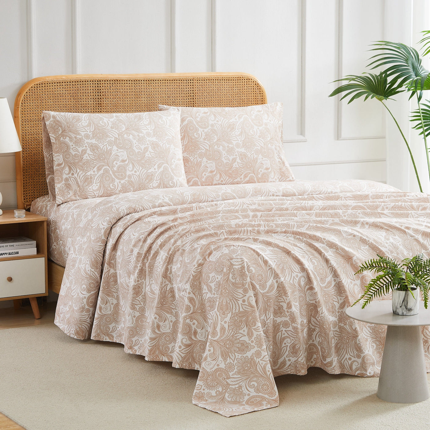 Angled View of Perfect Paisley Sheet Set in Taupe#color_perfect-paisley-white-with-taupe
