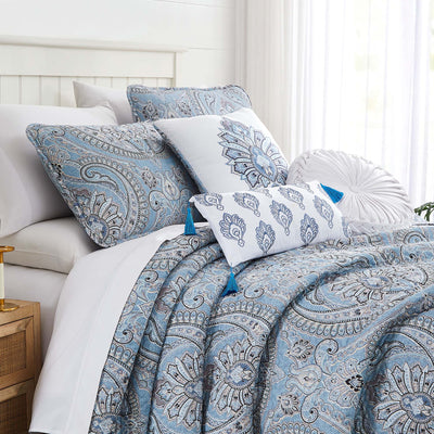 Angled View of Pure Melody 6-Piece Quilt Bedding Set in Aqua#color_pure-melody-aqua