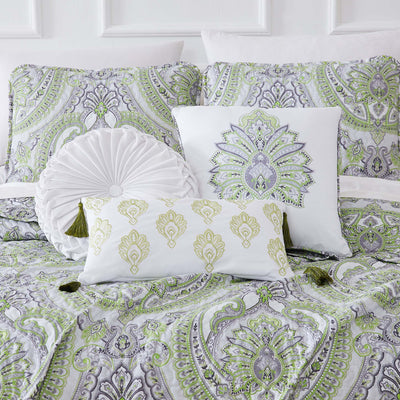 Close Up Image of Pure Melody 6-Piece Quilt Bedding Set in Green Pillow Shams and Throw Pillows#color_pure-melody-green