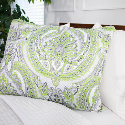 Angled View of Pure Melody Quilted Sham Covers in Green#color_pure-melody-green