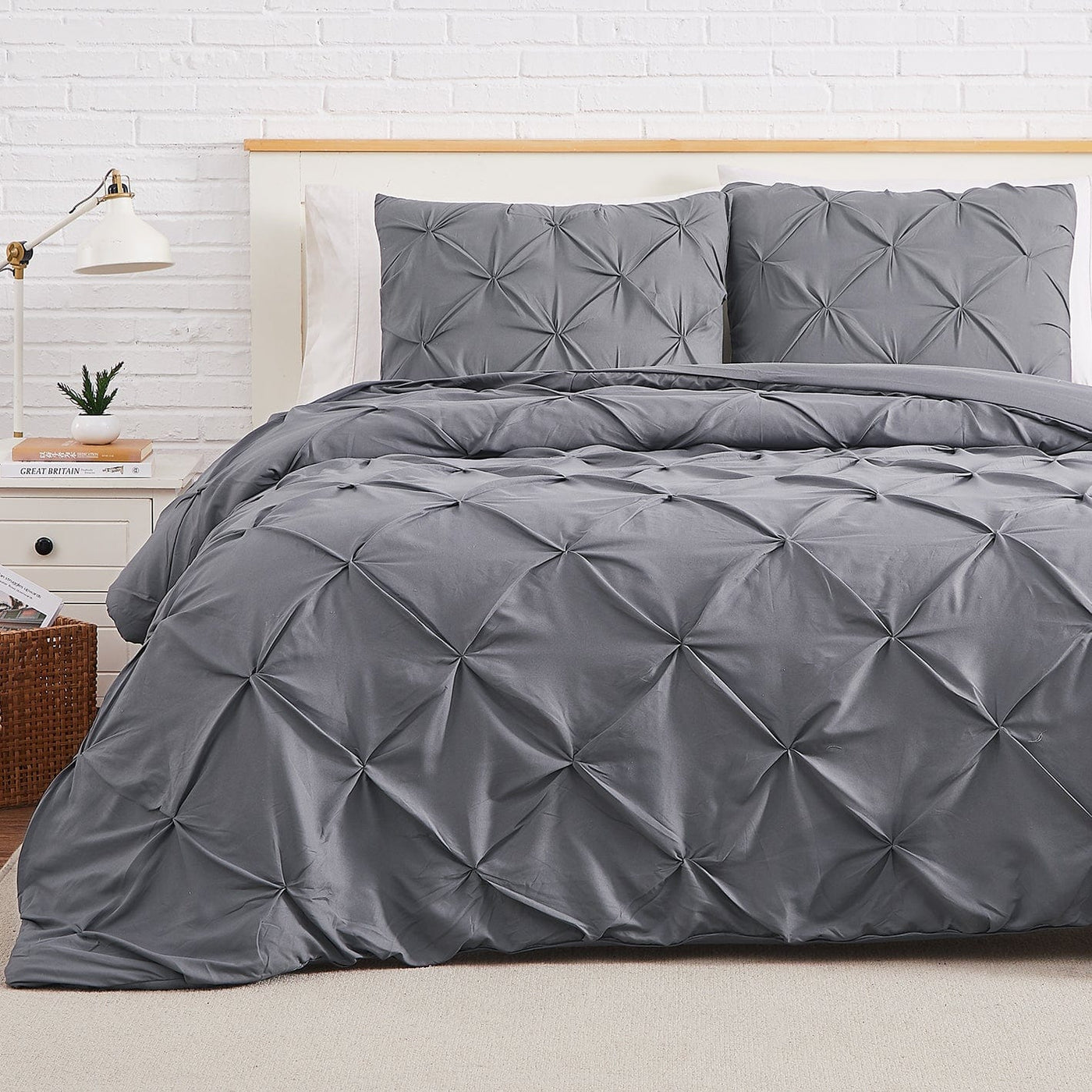 Half Front View of Pintuck Pinch Pleated Duvet Cover Set in Slate#color_vilano-slate