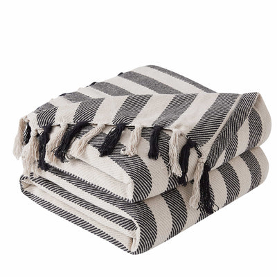 Folded Striped Cotton Blankets and Throws in Black#color_striped-black