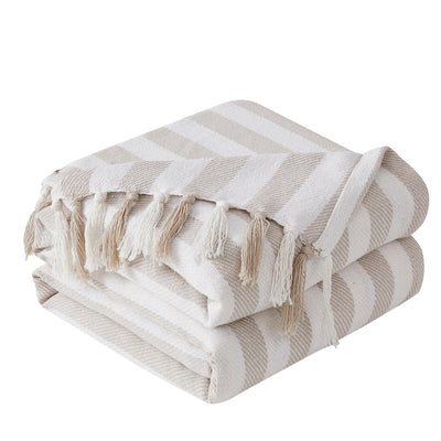 Folded Striped Cotton Blankets and Throws in Taupe#color_striped-taupe