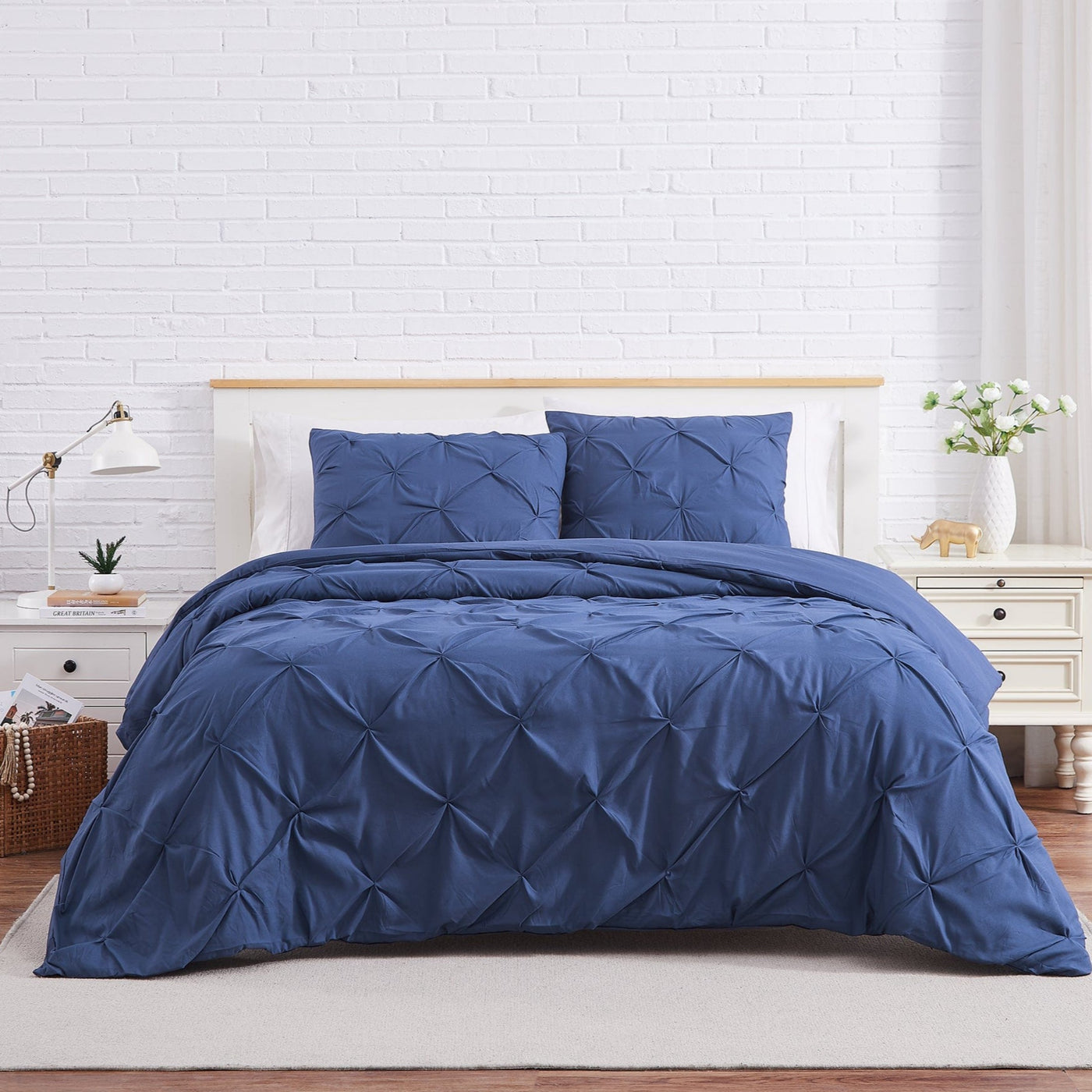 Front View of Pintuck Pinch Pleated Duvet Cover Set in Dark Blue#color_vilano-dark-blue