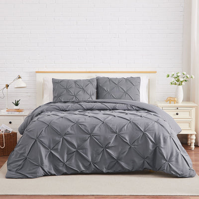 Front View of Pintuck Pinch Pleated Duvet Cover Set in Slate#color_vilano-slate