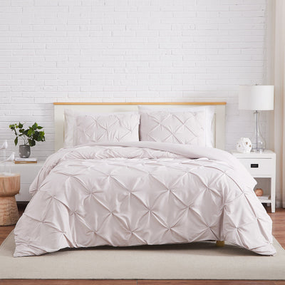 Front View of Pintuck Pinch Pleated Duvet Cover Set in Bone#color_vilano-bone