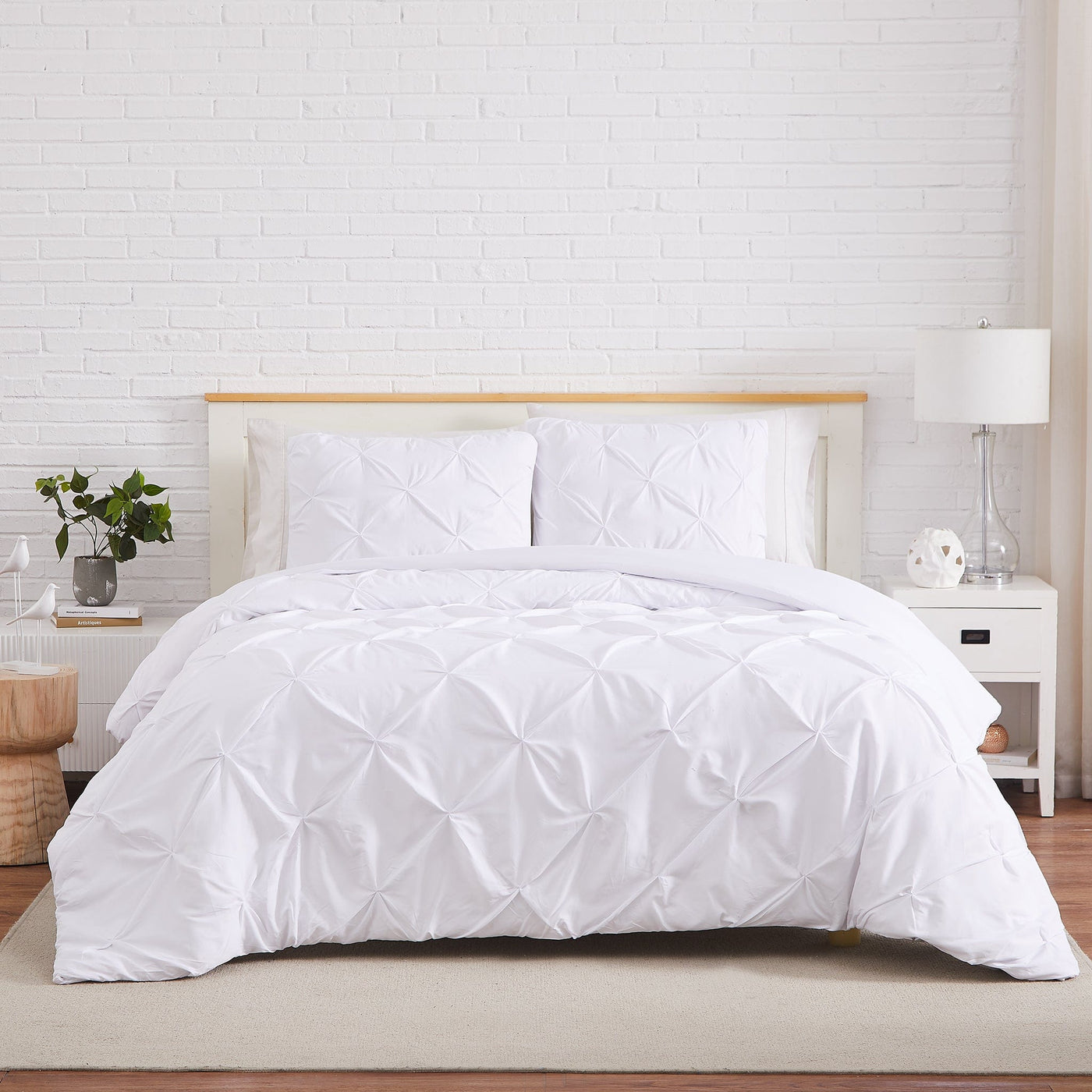 Front View of Pintuck Pinch Pleated Duvet Cover Set in White#color_vilano-bright-white