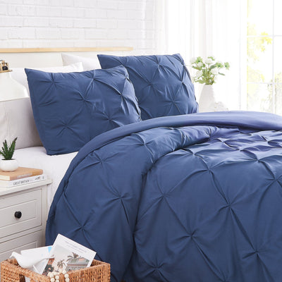 Side View of Pintuck Pinch Pleated Duvet Cover Set in Dark Blue#color_vilano-dark-blue
