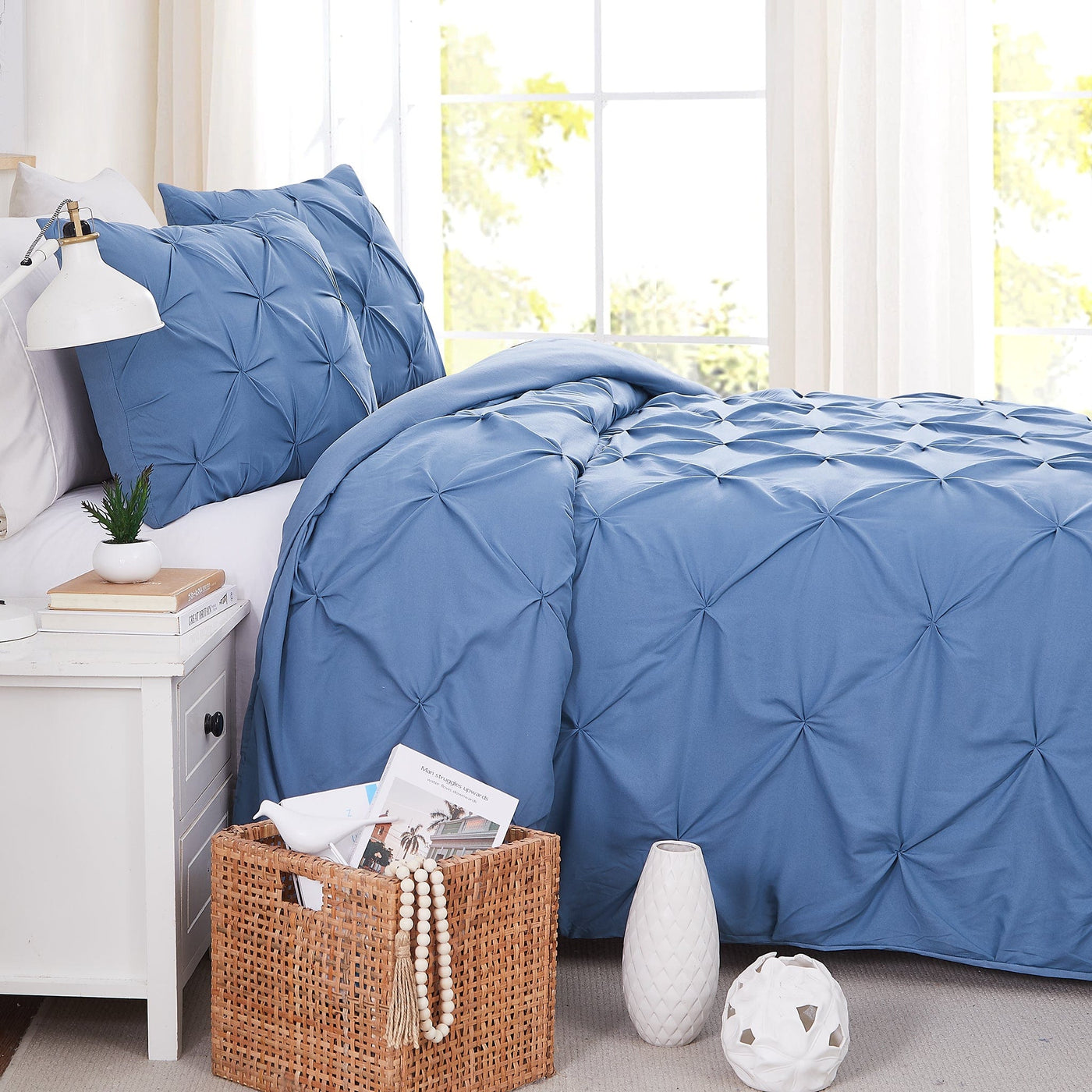 Side View of Pintuck Pinch Pleated Duvet Cover Set in Coronet Blue#color_vilano-coronet-blue