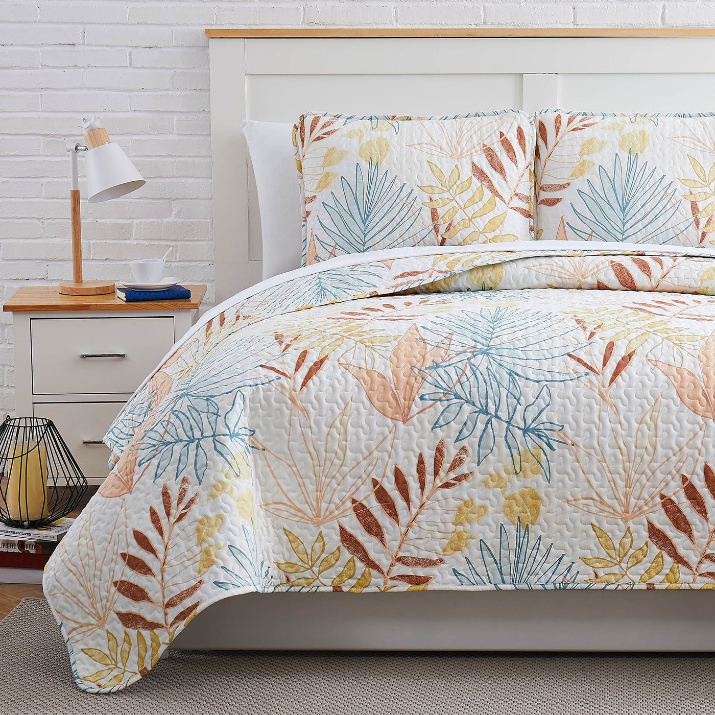 Front View of Tropic Leaf Oversized Quilt Set in Cream#color_tropic-leaf-cream