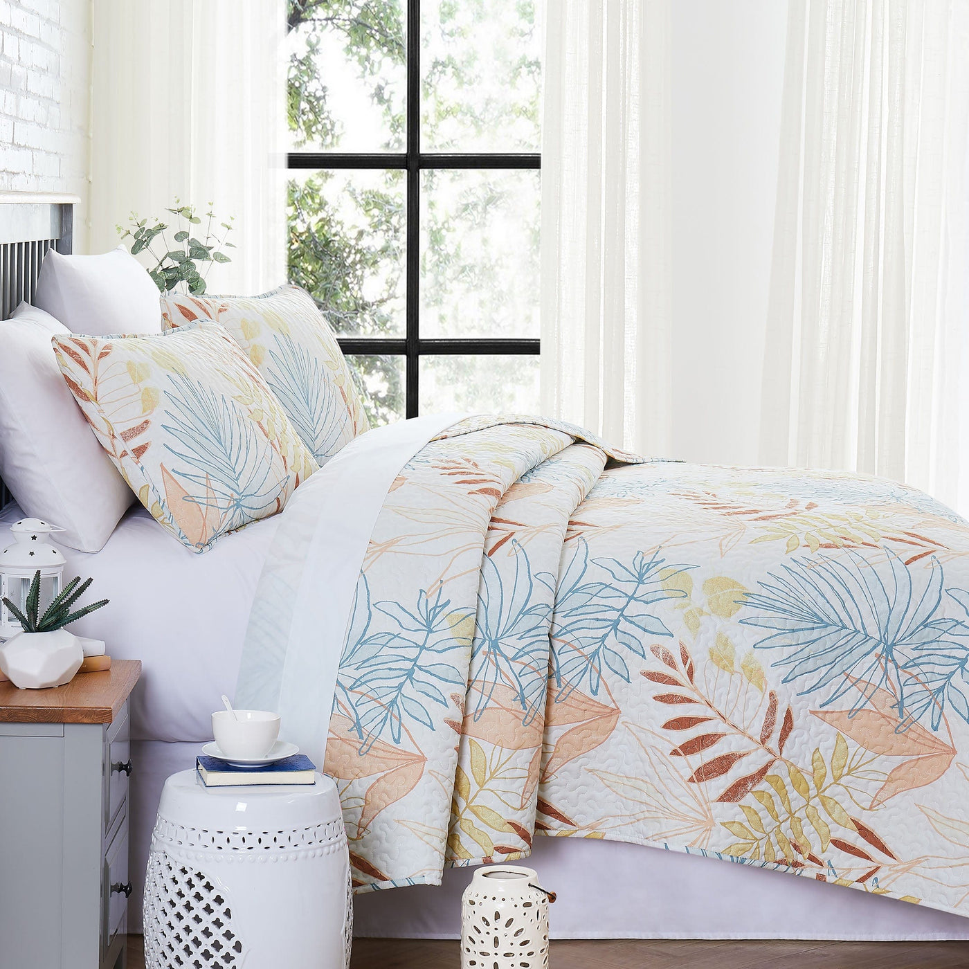 Side View of Tropic Leaf Oversized Quilt Set in Cream#color_tropic-leaf-cream