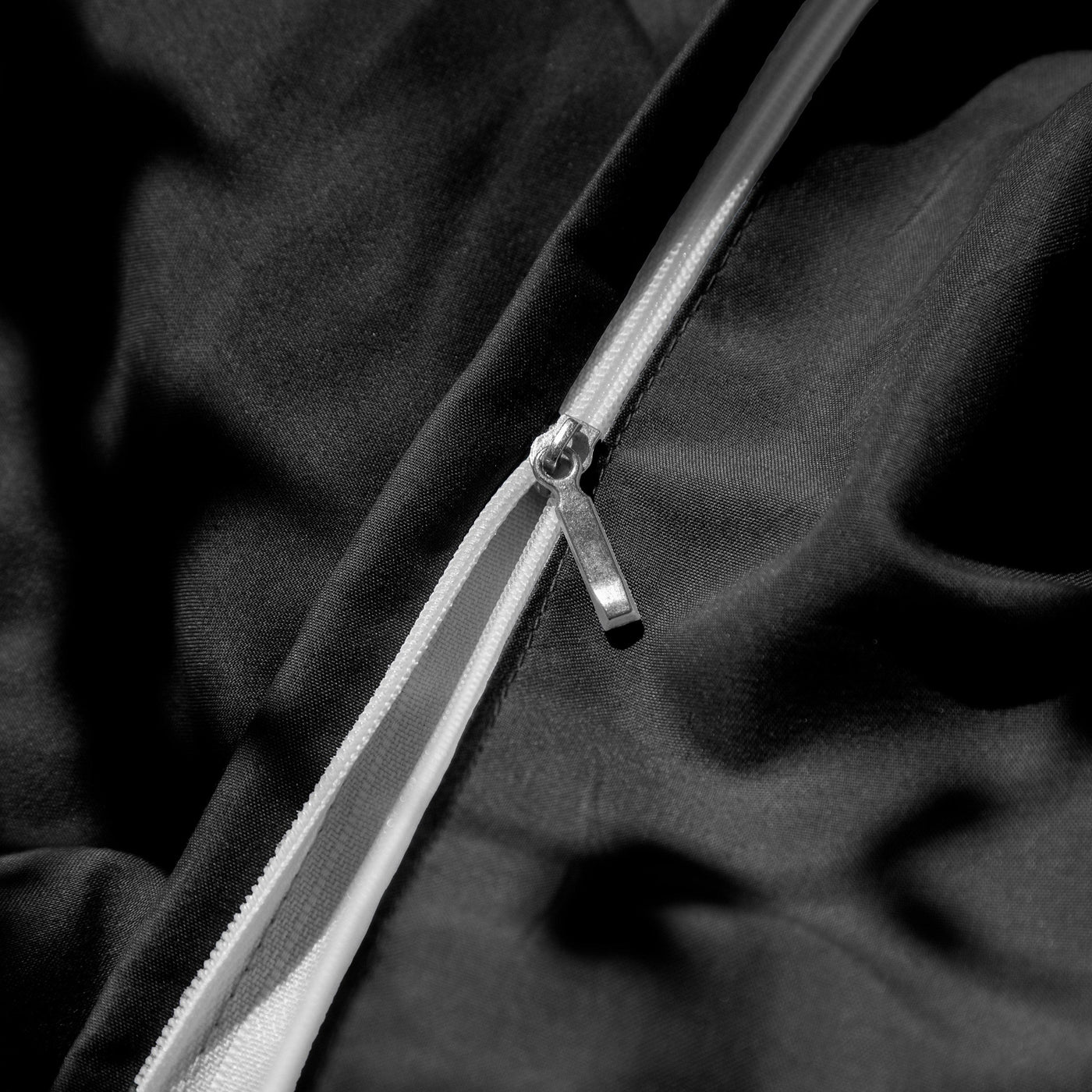 Close Up Image of Zipper Enclosure of Vilano Duvet Cover Set in Black#color_vilano-black